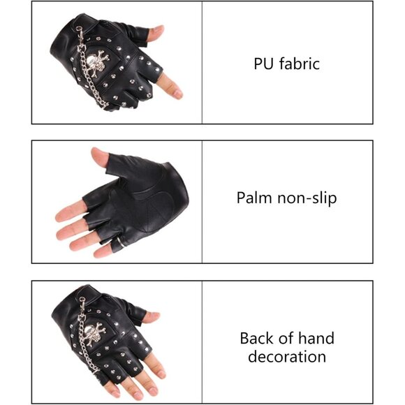 Men Black Half Finger Punk Rivets with Metal Chain Motorcycles PU Leather Gloves - Picture 5 of 7